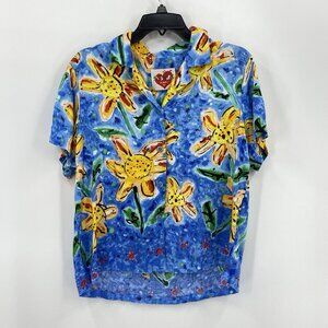 Jams World Sunflower Shirt Blue Button Down 90s Vintage Flower Womens M